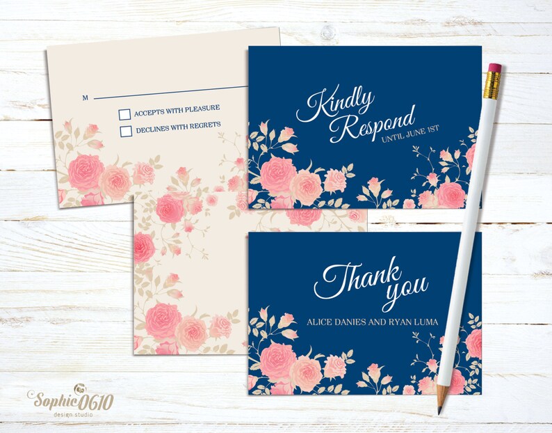 Digital files Printable navy blue floral wedding invitation set