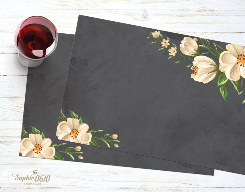 Printable placemat in chalked blackboard with elegant white flowers, valentine placemat, wedding placemat, Instant download image 2