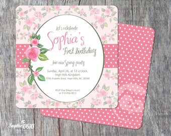 Romantic flower printable birthday invitation, digital file