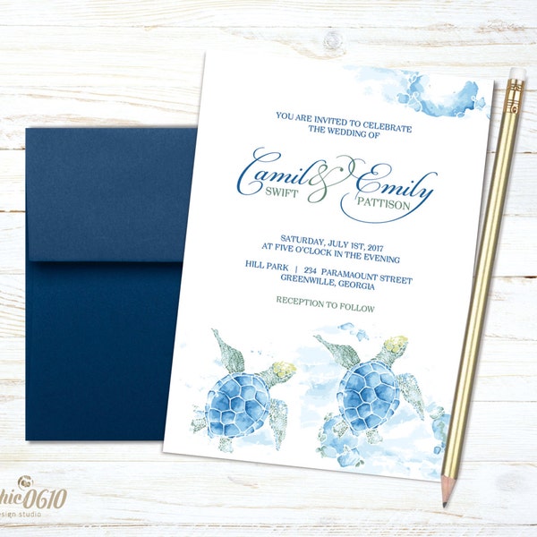 Invitation de mariage d'été de tortue de mer, invitation de mariage imprimable d'aquarelle, ensemble numérique de mariage d'amoureux de nature