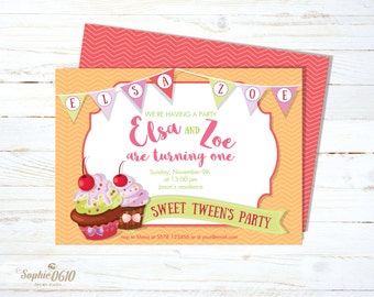 Printable yammy and sweet cupcake tween's birthday chevron invitation