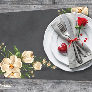 Printable placemat in chalked blackboard with elegant white flowers, valentine placemat, wedding placemat, Instant download image 1