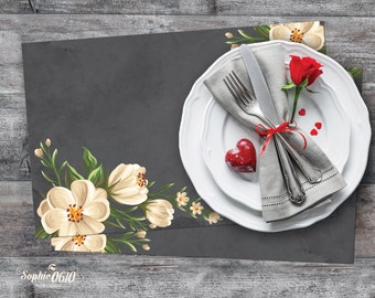 Printable placemat in chalked blackboard with elegant white flowers, valentine placemat, wedding placemat, Instant download