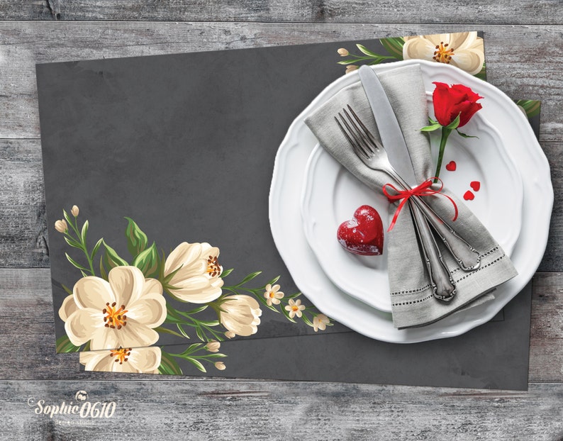 Printable placemat in chalked blackboard with elegant white flowers, valentine placemat, wedding placemat, Instant download image 1