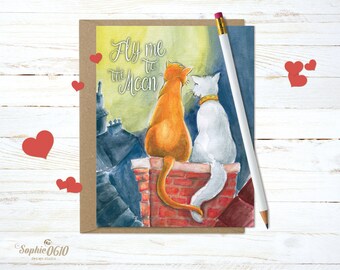 Printable watercolor love greeting card, cats in love, instant download