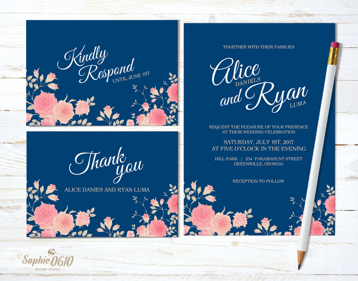 Printable Navy Blue Floral Wedding Invitation Set, Digital Files - Etsy