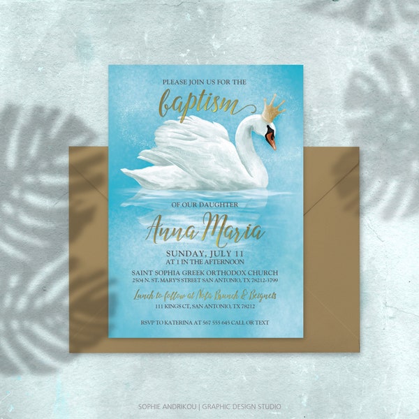 Swan princess baptism printable invitation, digital girl christening invite, royal swan, communion, naming day, BONUS GIFT >>>  POSTER