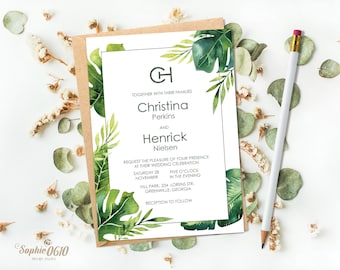 Printable green leaves wedding invitation set, Digital greenery invite, floral organic leaves wedding invitation, DIY wedding invites