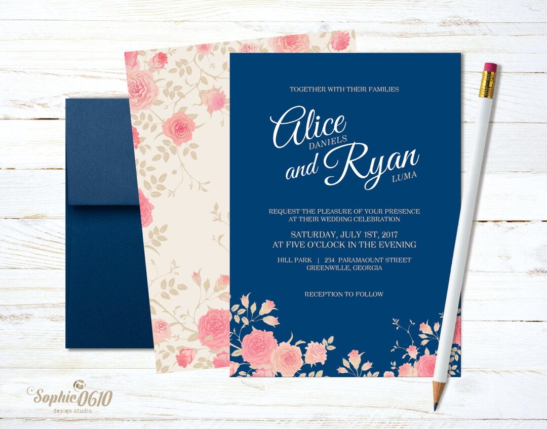 Printable Navy Blue Floral Wedding Invitation Set, Digital Files - Etsy