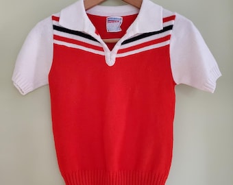 Vintage 70s Cheerleader Supply Orange White Striped Knit Polo Sweater Womens 34