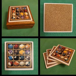 May include: A wooden box and coasters featuring a billiards ball design. The box has a hinged lid with a grid of billiard balls. The coasters have a white border and a cork backing. The coasters are stacked on a green surface.