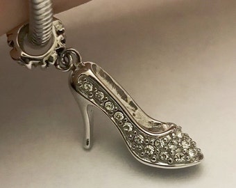 3D 925 PLATED ROSE GOLD HIGH HEEL SHOE WITH CLEAR RHINESTONES CLIP ON CHARM