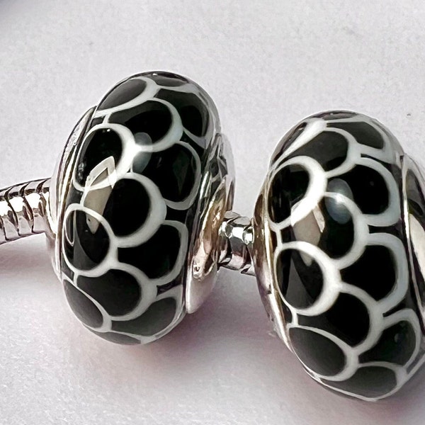 2 Charms for Pandora white black Murano charms 925 sterling silver cores