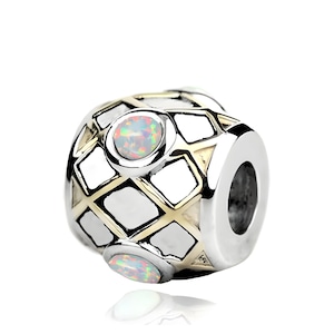Charm for pandora 925 Sterling Silver and Gold Grid  white  opal