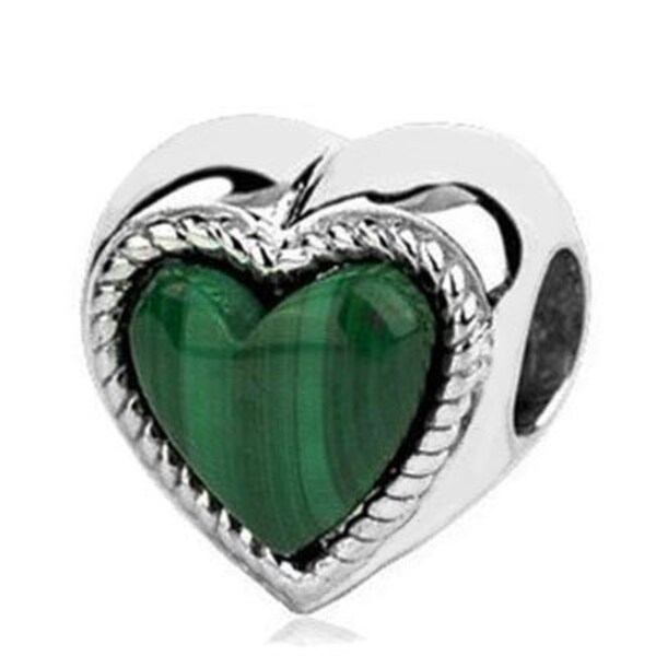Charm for Pandora 925 sterling silver heart with genuine Malachite gemstones