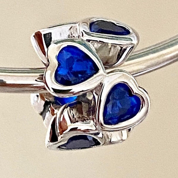 Charm for Pandora , 925 sterling silver Love Heart charm with Lab Blue sapphire