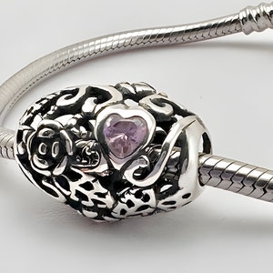 Breloque pour Pandora en argent sterling 925 grand breloque tonneau coeur rose et cristal rose