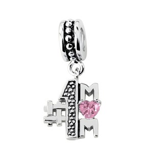 Charm for Pandora 925 Sterling Silver #1 MOM Dangle pink crystal heart