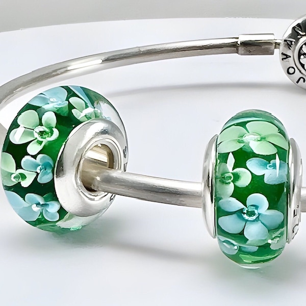 2 Charms for Pandora Green  Murano Garden flowers  925 sterling silver cores