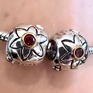 2 charms for Pandora 925 sterling silver- gold flowers red garnet gemstones