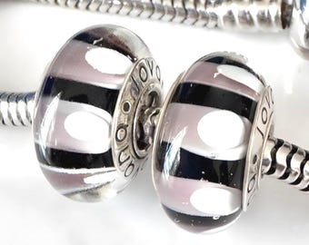 2 Charms for Pandora Murano Charms Black RosePink 925 Sterling Silver Cores