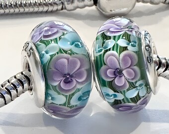 2 Charms for Pandora Aqua and Lavender flower Murano 925 sterling silver cores