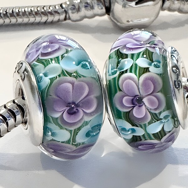 2 Charms for Pandora Aqua and Lavender flower Murano 925 sterling silver cores