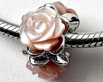Charm for Pandora 925 sterling silver Pink shiny Roses , white Roses , Turquoise Blue Roses charm with Natural pink White Mother of pearl