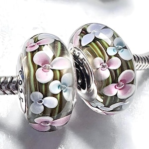 2 Charms for Pandora Blue Lavender Light Pink Flowers Garden  Murano charms 925 Sterling Silver cores