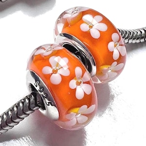 2  charms for Pandora orange white flowers 925 sterling silver cores