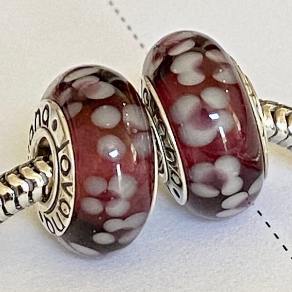 2 Charms for pandora Murano charms cranberry white flower 925 sterling silver cores