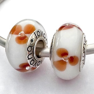 2  charms for Pandora Orange Flowers Murano   925 sterling silver cores