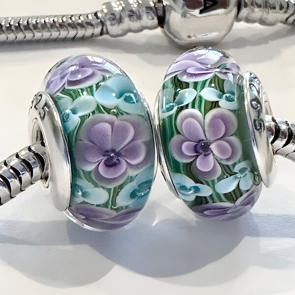 2 Charms for Pandora Aqua and Lavender flower Murano 925 sterling silver cores