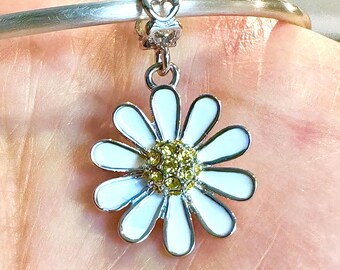 Charm for Pandora 925 sterling silver Daisy dangle White enamel with yellow Swarovski Crystals center