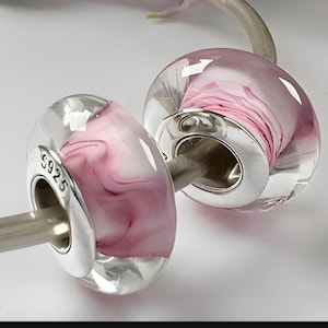 2 charms for Pandora pink wave Murano charms 925 sterling silver cores