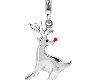 Charm para pulsera de eslabones, dije de nariz roja de Rodolfo en plata de ley 925 esmaltado con cierre de mosquetón