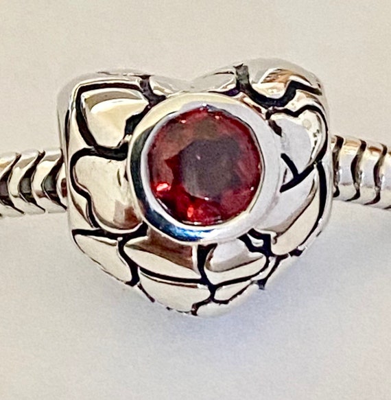 Charm for Pandora 925 Sterling Silver Love Heart Red Garnet Gemstone
