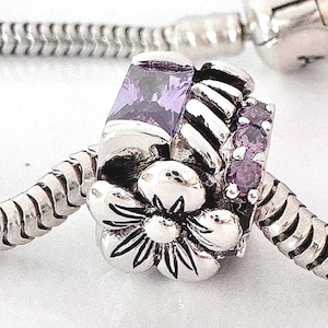 Charm for Pandora Sterling Silver Beautiful Garden Flower Charm purple Crystals