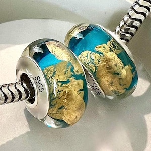 2 Charms for Pandora Caribbean ocean Layered Golden Sands view Murano 925 sterling silver cores