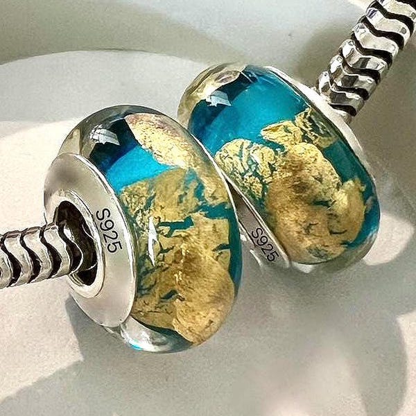 2 Charms for Pandora Murano Caribbean Ocean Golden Sands Sterling Silver Cores