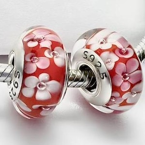 2 Charms for Pandora white Flowers Red   Murano 925 sterling silver cores