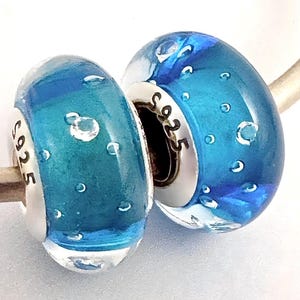 2 charms for Pandora beautiful Ocean blue Murano clear crystals inside 925 sterling silver cores