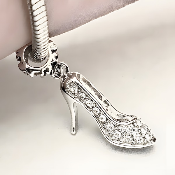 Charm for Pandora 925 sterling silver Rose and  high Heel shoe dangle Swarovski Crystals Paved