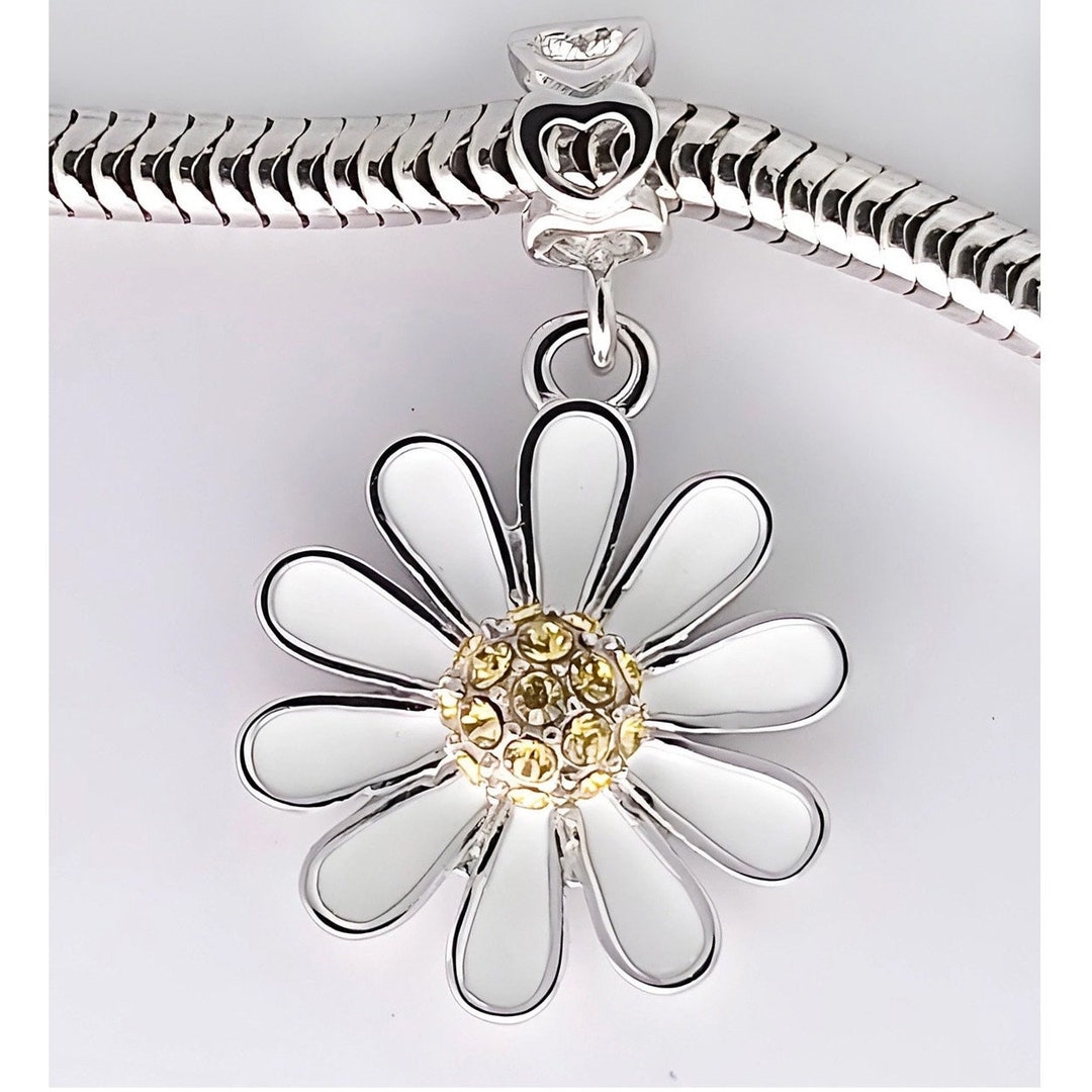 Charm for Pandora 925 Sterling Silver Daisy Dangle White Enamel With Yellow Swarovski Crystals Center Etsy
