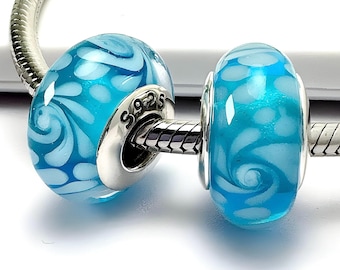 2 Charms for Pandora Surfing  on Ocean  Wave Murano 925 sterling silver cores