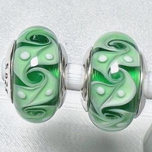 2 Charms for Pandora green Waved Murano charms 925 sterling silver cores
