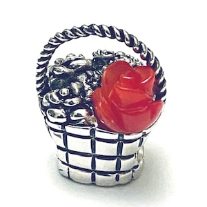 Charm for Pandora , 925 sterling silver flower basket red bamboo coral