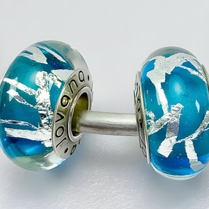 2 Charms For pandora Ocean Blue Murano silver confetti  925 sterling silver cores