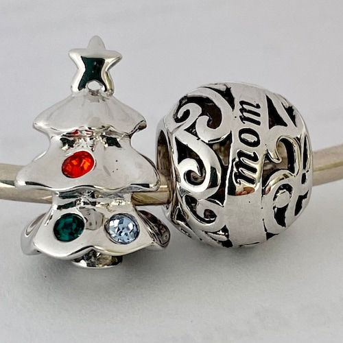 Solid 925 Sterling Silver Christmas Tree with Gold Star Charm Bead 037