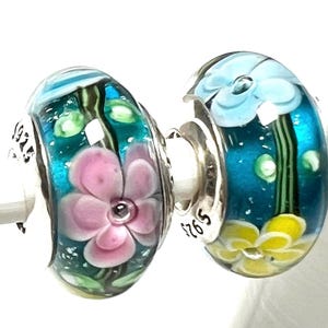 2 Charms for Pandora beautiful yellow pink Aqua-blue flower Murano